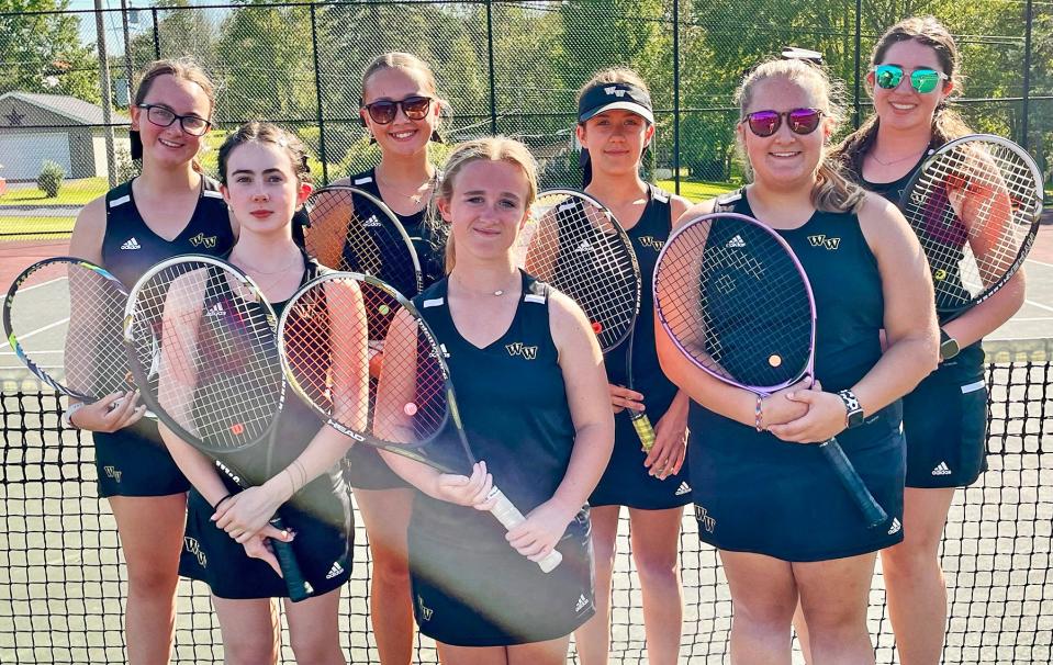 Meet the members of this year's Western Wayne girls varsity tennis team. Pictured are (first row, from left): Isabella Kolp. Madison Forgione, Emma Spewack. Second row: Mady McClure, Cassidy Zeiler, Kaylee Fischer, Alecia Wertman.