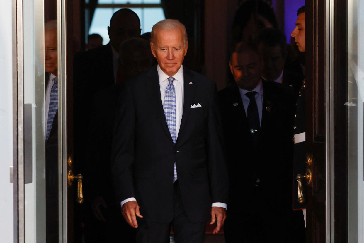 U.S. President Joe Biden arrives to pose with leaders from the U.S.- Pacific Island Country Summit at the White House in Washington, U.S. September 29, 2022. REUTERS/Jonathan Ernst