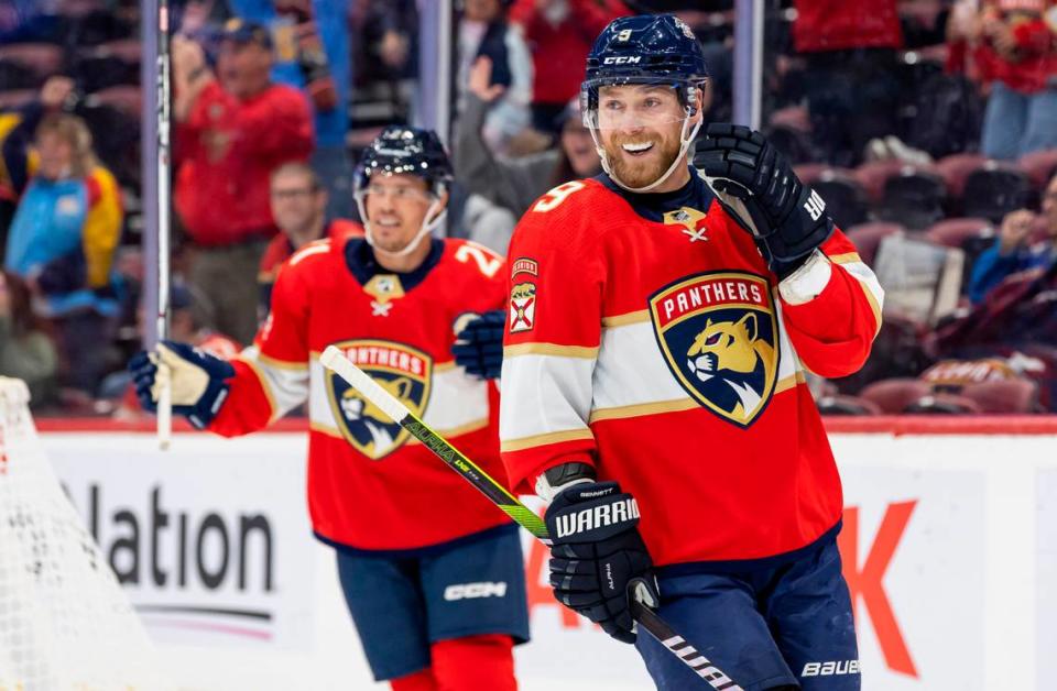 Florida Panthers forward Sam Bennett (9) celebrates after scoring a goal against the Nashville Predators in the first period of their NHL preseason game at the Amerant Bank Arena on Monday, Sept. 25, 2023, in Sunrise, Fla.