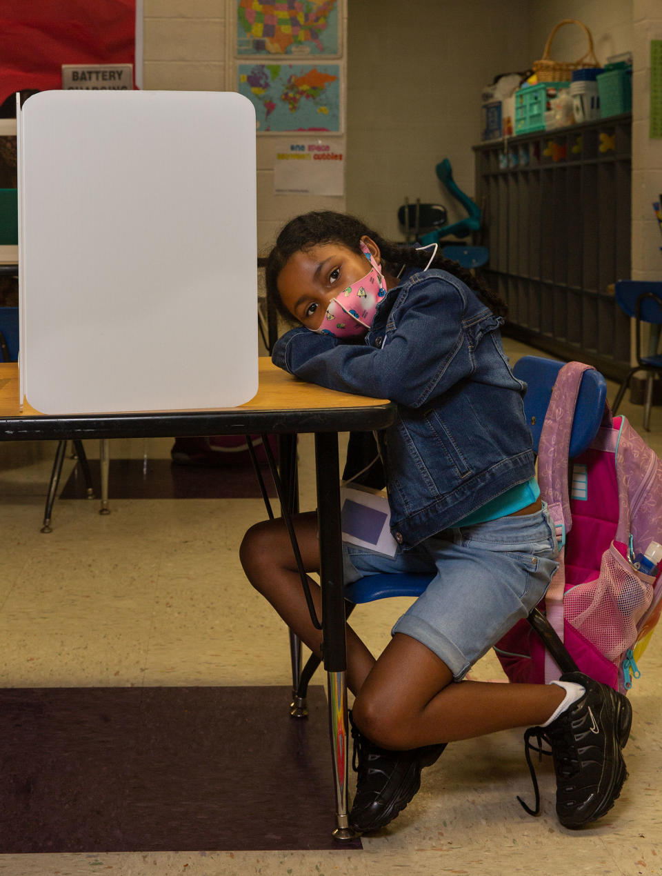 6-year-old Raziah Williams sits at her work station at Wesley Elementary | Gillian Laub for TIME