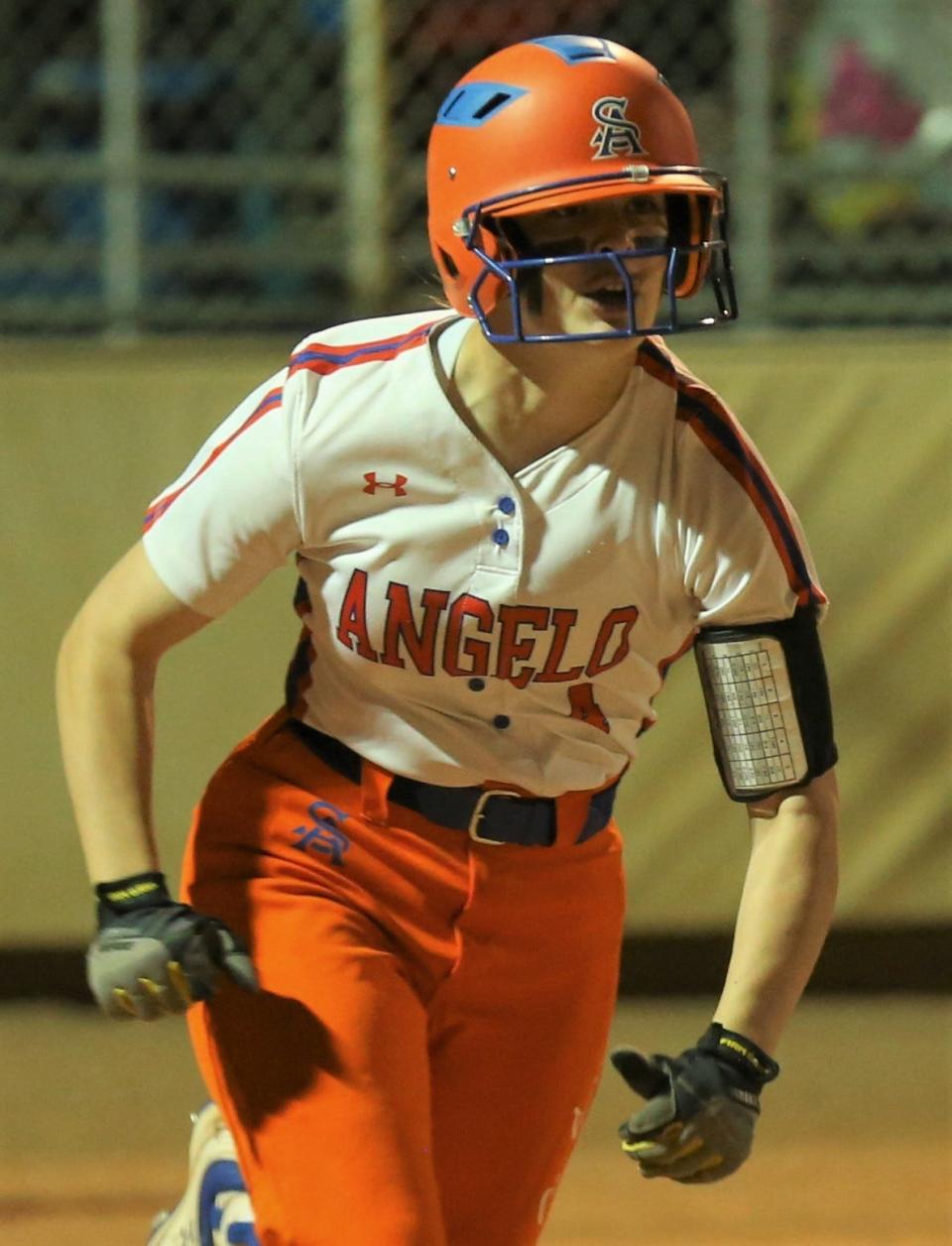 San Angelo Central High School shortstop Taylor Martin runs to first base after connecting on a pitch during the 2021 season.
