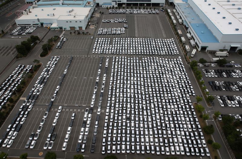 Kia Motor's finished cars that should have been transported by car carriers who are now on a strike are pictured at their factory in Gwangju