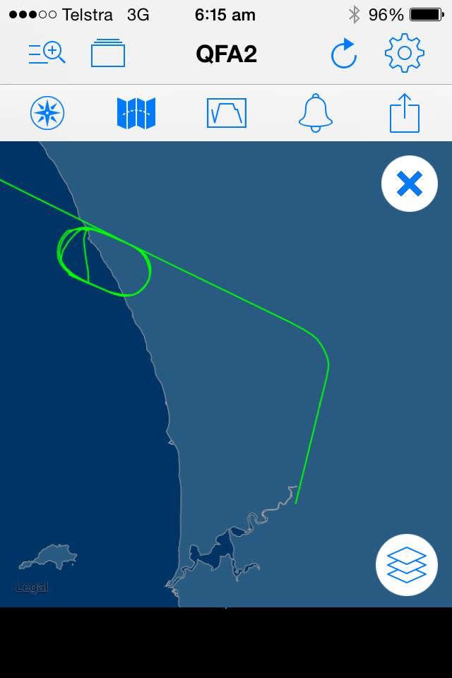 The flight track of QF2 as it come in to land in Perth