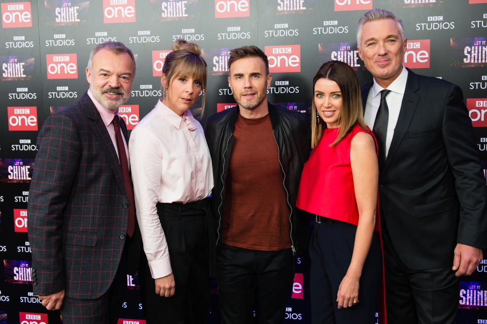 LONDON, ENGLAND - DECEMBER 13:  (L-R) Graham Norton, Mel Giedroyc, Gary Barlow, Dannii Minogue and Martin Kemp attend the launch of the new BBC One show 'Let It Shine' at Ham Yard Hotel on December 13, 2016 in London, England.  (Photo by Jeff Spicer/Getty Images)