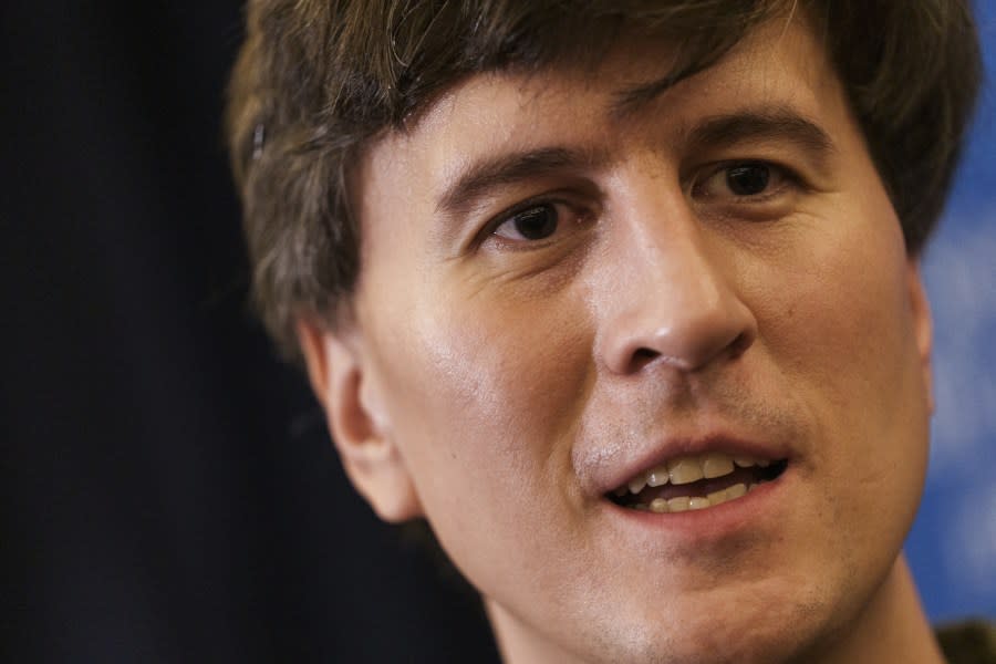 Jan Sramek, founder and chief executive officer of California Forever, speaks with members of the media during a news conference in Rio Vista on Jan. 17, 2024. (Photo by Philip Pacheco /Bloomberg via Getty Images)