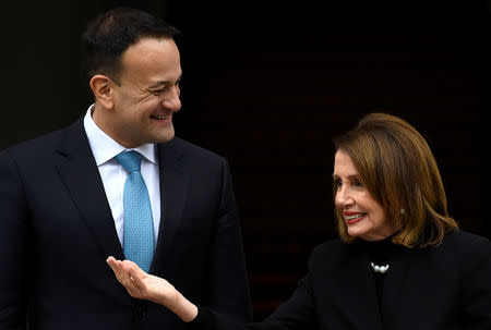 U.S. House Speaker Nancy Pelosi gestures as Ireland's Prime Minister (Taoiseach) Leo Varadkar welcomes her at the Government Buildings in Dublin, Ireland April 16, 2019. REUTERS/Clodagh Kilcoyne