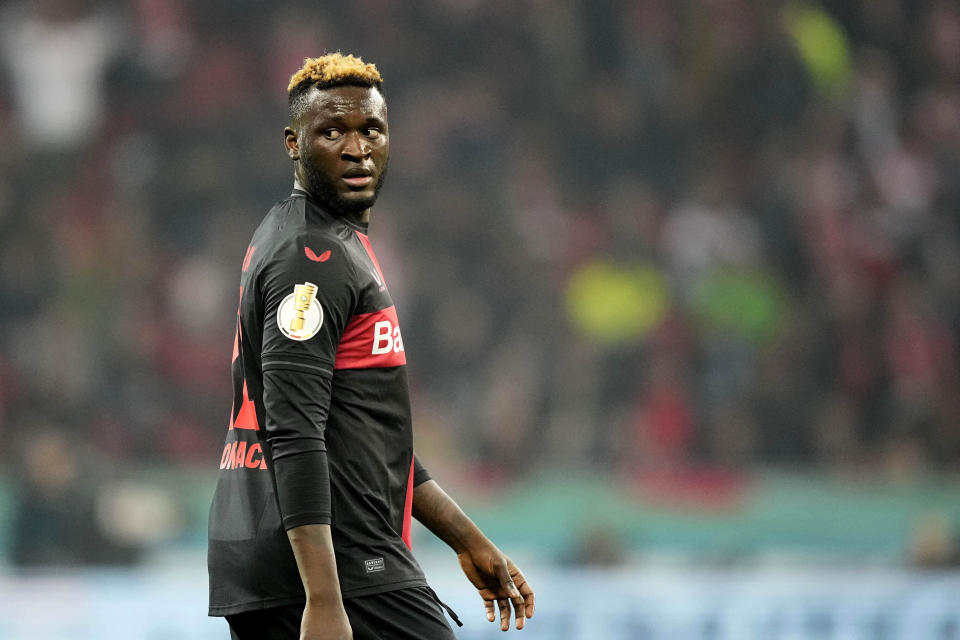 Leverkusen's Victor Boniface looks on during the German soccer cup match between Bayer 04 Leverkusen and Fortuna Duesseldorf in Leverkusen, Germany, April 3, 2024. (AP Photo/Martin Meissner)