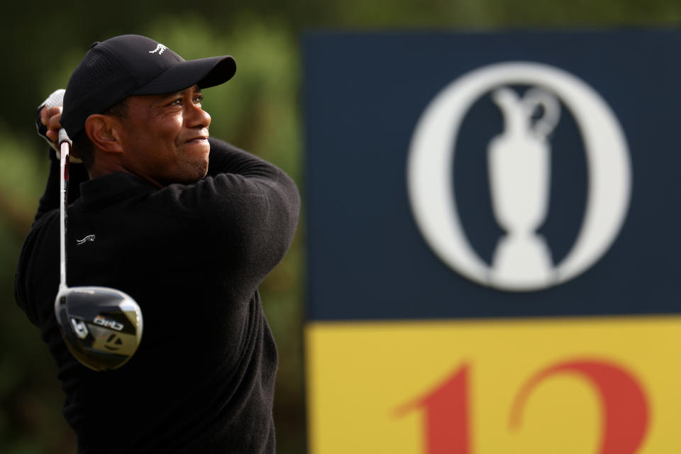 Tiger practicing on Wednesday. (Harry How/Getty Images)