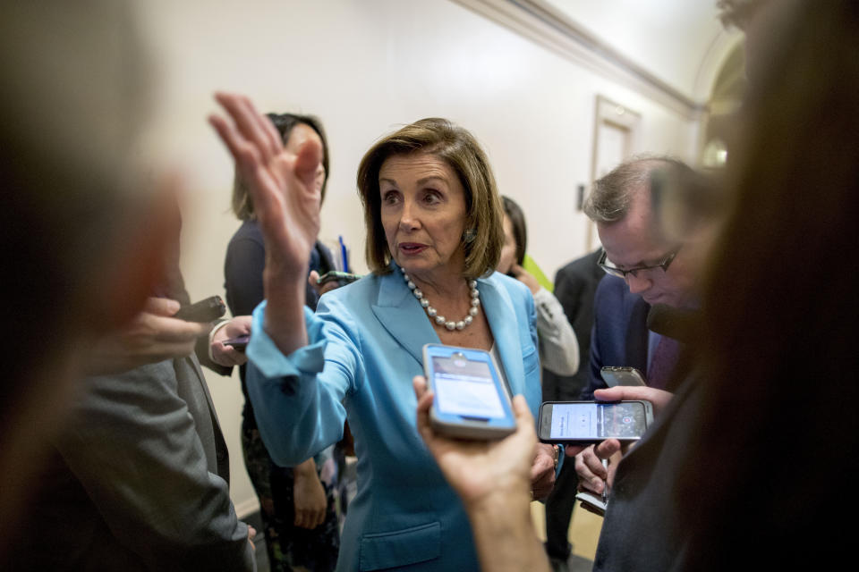 House Speaker Nancy Pelosi of Calif. speaks to reporters following a House Democratic caucus meeting on Capitol Hill in Washington, Wednesday, July 10, 2019. (AP Photo/Andrew Harnik)