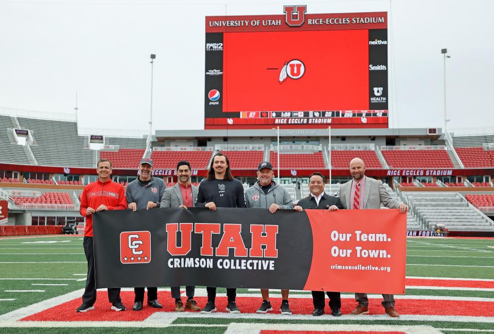 University of Utah athletic director Mark Harlan, Crimson Collective board member Charlie Monfort, University of Utah former football player Bo Nagahi, University of Utah football quarterback Cam Rising, University of Utah football coach Kyle Whittingham, and Crimson Collective founder Matt Garff pose for a photo during the Crimson Collective launch event at the Rice-Eccles Stadium in Salt Lake City on Friday, April 21, 2023. The Crimson Collective is an independent NIL organization and the exclusive NIL collective for Utah football. | Kristin Murphy, Deseret News