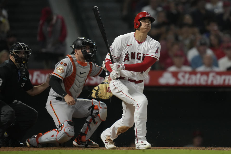 Los Angeles Angels designated hitter Shohei Ohtani (17) hits a foul ball during the sixth inning of a baseball game against the San Francisco Giants in Anaheim, Calif., Monday, Aug. 7, 2023. (AP Photo/Ashley Landis)