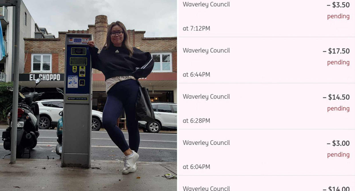 left, Diana Nguyen standing next to the parking meter in Bondi where she left her bank card. Right, the parking transactions from strangers.