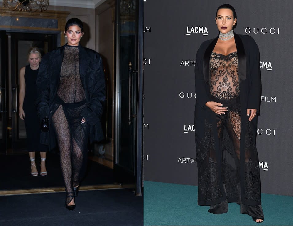 Has Kylie Jenner been taking maternity style tips from sister Kim Kardashian West? Jenner pictured last night in New York, Kardashian West pictured in 2015, while pregnant with son Saint. (Getty Images)