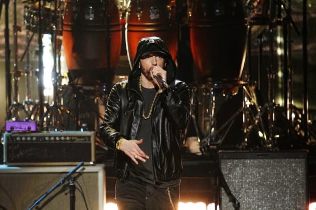 Eminem performs on stage during the 37th Annual Rock & Roll Hall Of Fame Induction Ceremony. - Credit: Jeff Kravitz/FilmMagic