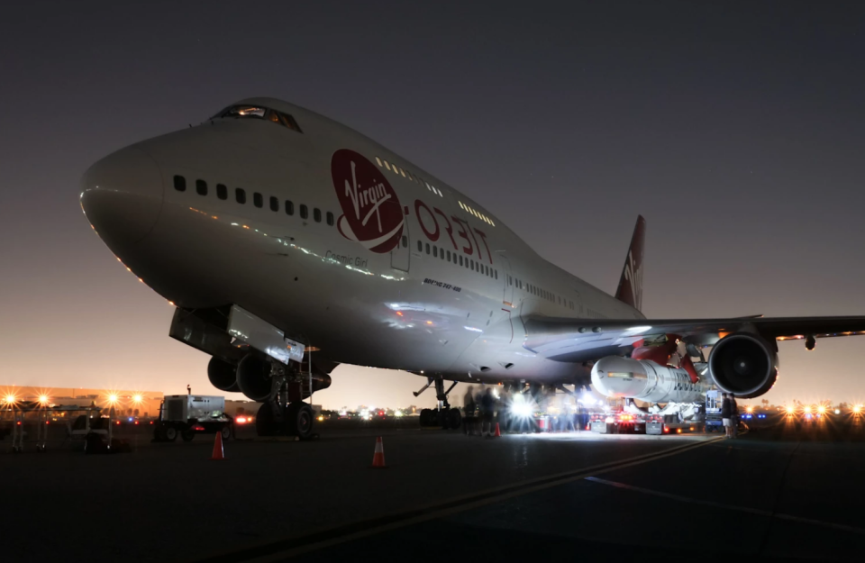 <em>The images show LauncherOne ‘mated’ with the converted Boeing 747 plane Cosmic Girl for the first time (Picture: Virgin Orbit)</em>