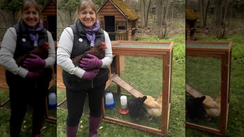 Gale Gand poses beside a chicken coop