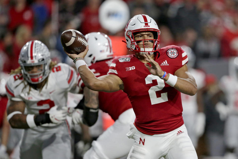 Nebraska quarterback Adrian Martinez (2) throws a pass during the first half of an NCAA college football game against Ohio State in Lincoln, Neb., Saturday, Sept. 28, 2019. (AP Photo/Nati Harnik)