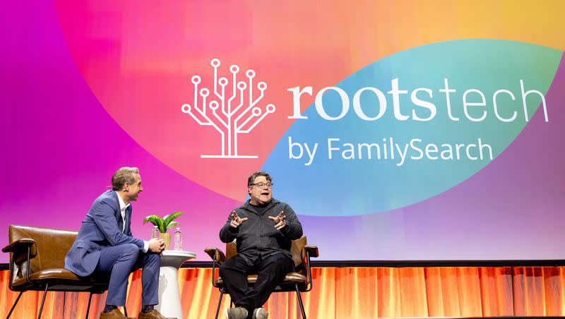 Actor Sean Astin speaks with emcee Kirby Heyborne on the final day of the RootsTech conference in Salt Lake City on Saturday, March 4, 2023. RootsTech will return in 2024 along with numerous other worldwide broadcasts from The Church of Jesus Christ of Latter-day Saints.