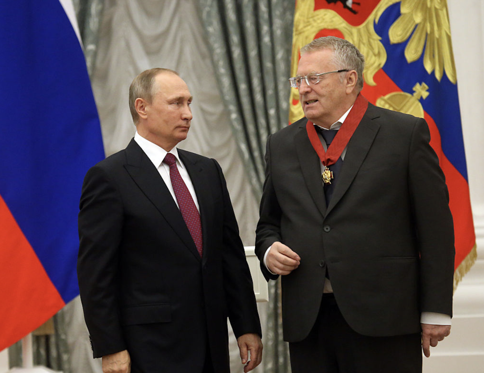 Russian President Vladimir Putin (L) and Vladimir Zhirinovsky (R) during the state awarding ceremony at the Kremlin in Moscow, Russia, on Sept. 22, 2016. (Photo by Mikhail Svetlov/Getty Images)