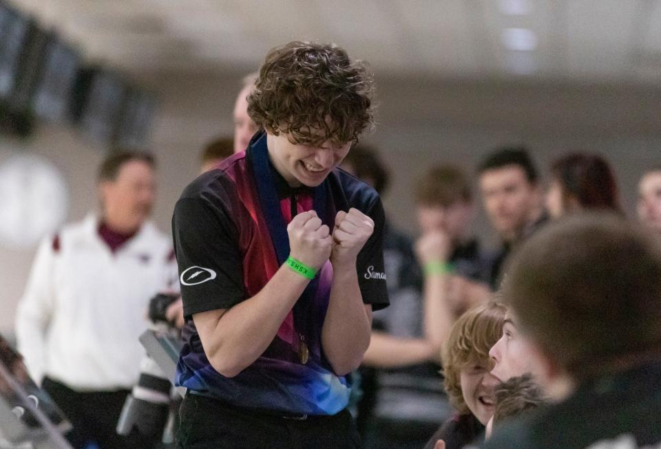 Ethan Burns celebrates after learning the team won the 5-1A State Bowling Tournament last year at Northrock Lanes. Burns, a senior this year, had the 10th best individual score at the state meet last year and is a key returnee.