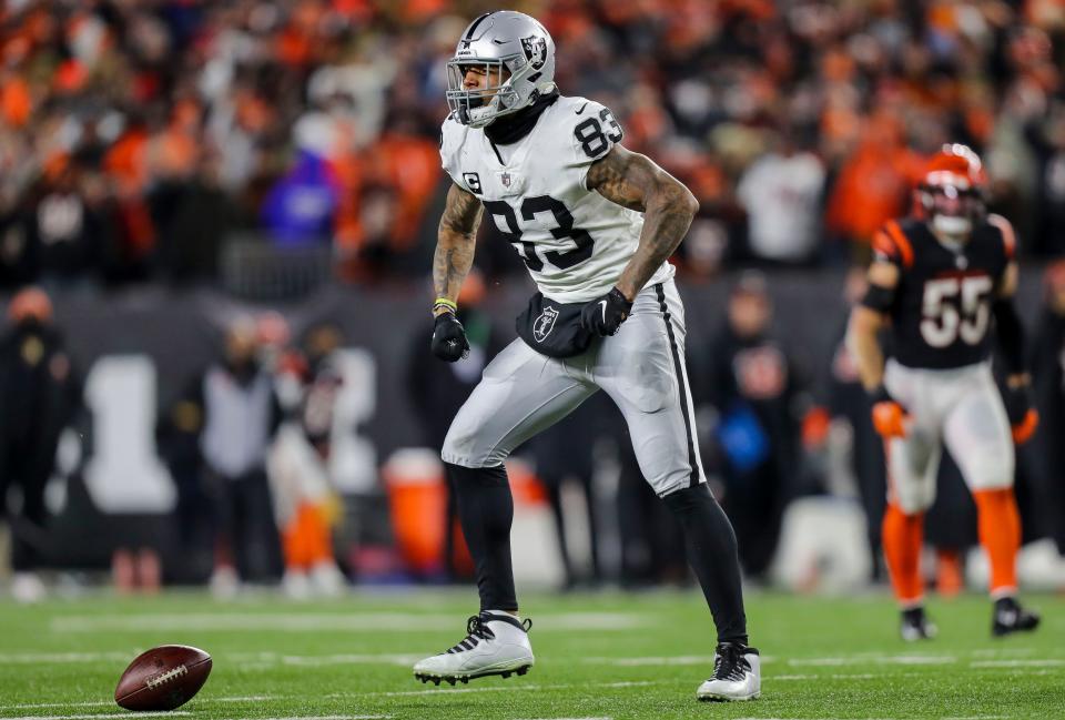 Las Vegas Raiders tight end Darren Waller reacts after moving the ball forward during the the AFC wild-card game against the Cincinnati Bengas on Jan. 15, 2022.