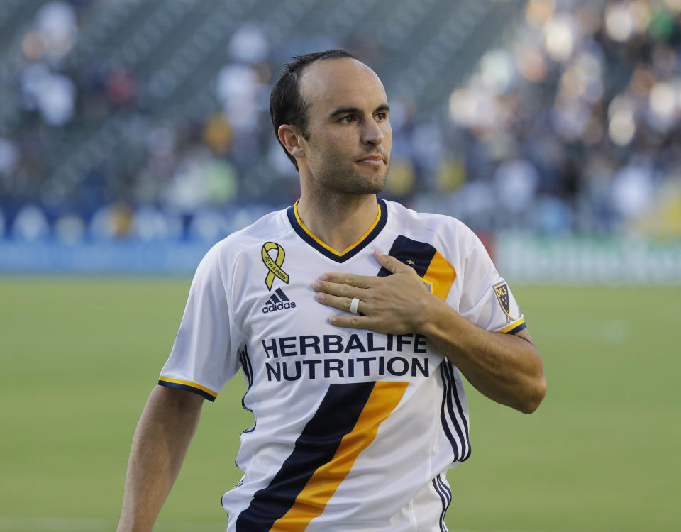 FILE - In this Sept. 11, 2016, file photo, Los Angeles Galaxy's Landon Donovan reacts during his playing days as he walks on the pitch after the team's MLS soccer match against Orlando City in Carson, Calif. Donovan is now coach of the expansion San Diego Loyal of the professional second-division United Soccer League. (AP Photo/Jae C. Hong. File)