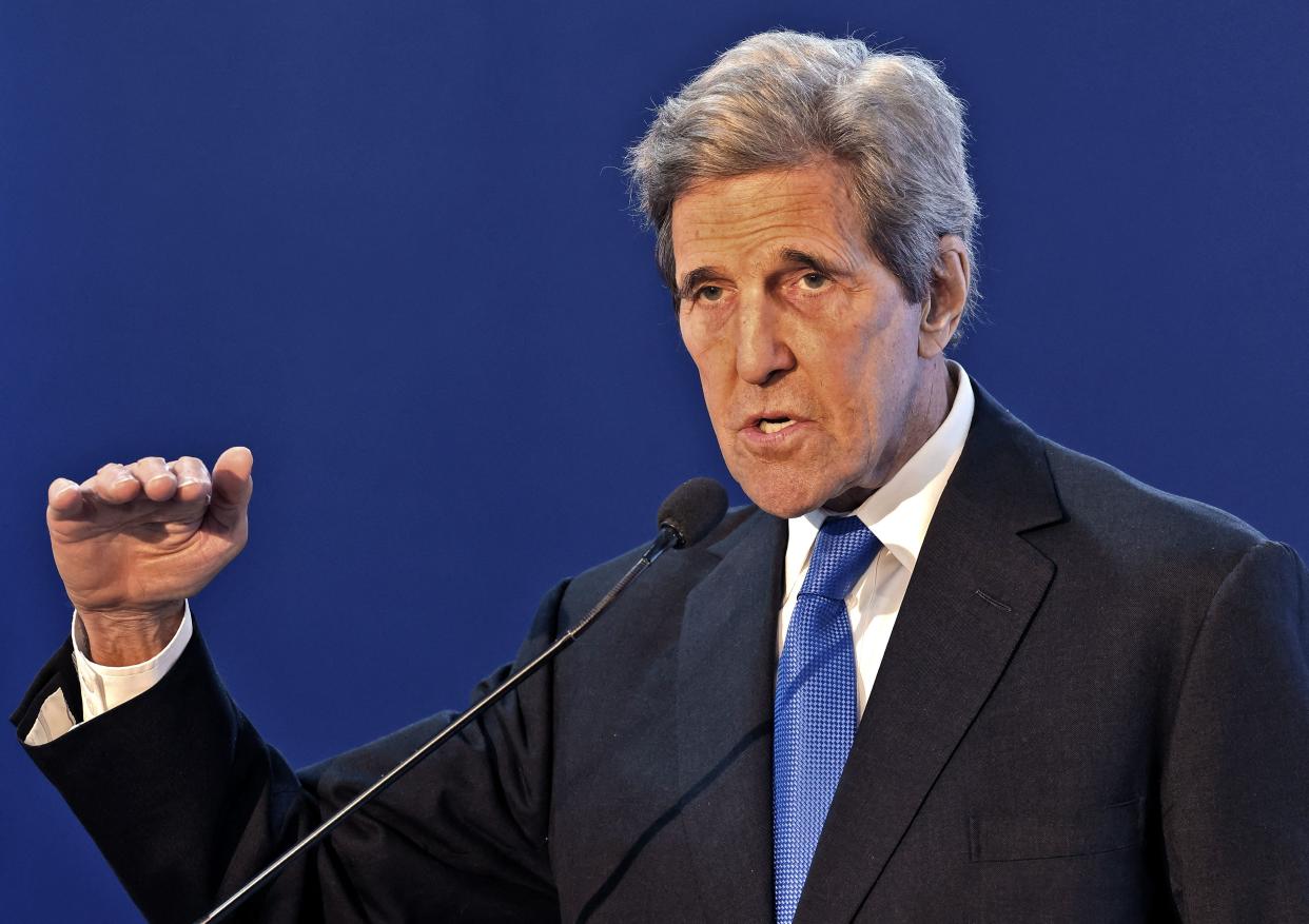 U.S. climate envoy John Kerry delivers a speech during a discussion about oceans and water at the COP27 climate conference. 