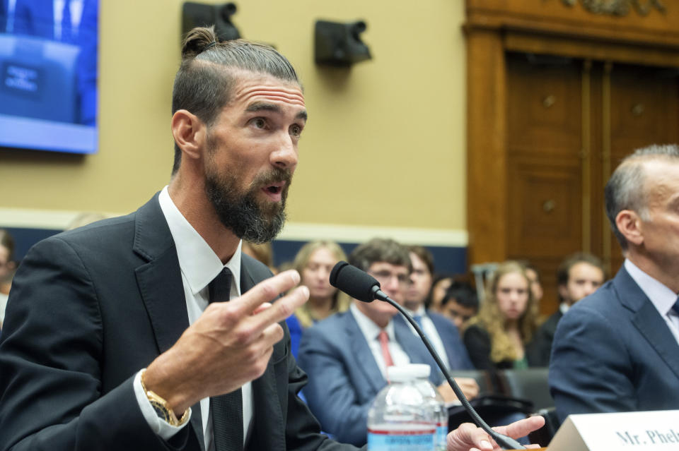 Michael Phelps, former Olympic athlete, testifies during a House Committee on Energy and Commerce Subcommittee on Oversight and Investigations hearing examining Anti-Doping Measures in Advance of the 2024 Olympics, on Capitol Hill, Tuesday, June 25, 2024, in Washington. (AP Photo/Rod Lamkey, Jr.)