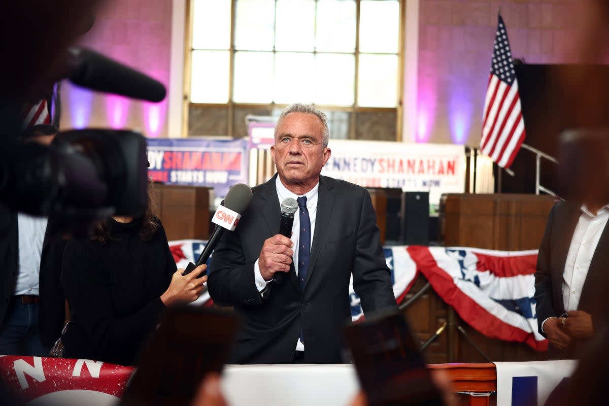 Independent presidential candidate Robert F. Kennedy Jr. speaks to the media at a Cesar Chavez Day event at Union Station on March 30 2024 in Los Angeles, California (Getty Images)