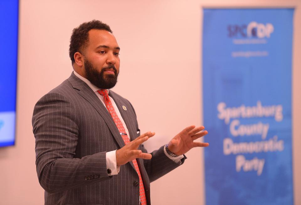 Spartanburg County Councilman Monier Abusaft speaks during the Spartanburg County Democratic Party meeting, at the Dr. T.K. Gregg Community Center in Spartanburg, Monday evening, April 11, 2022.