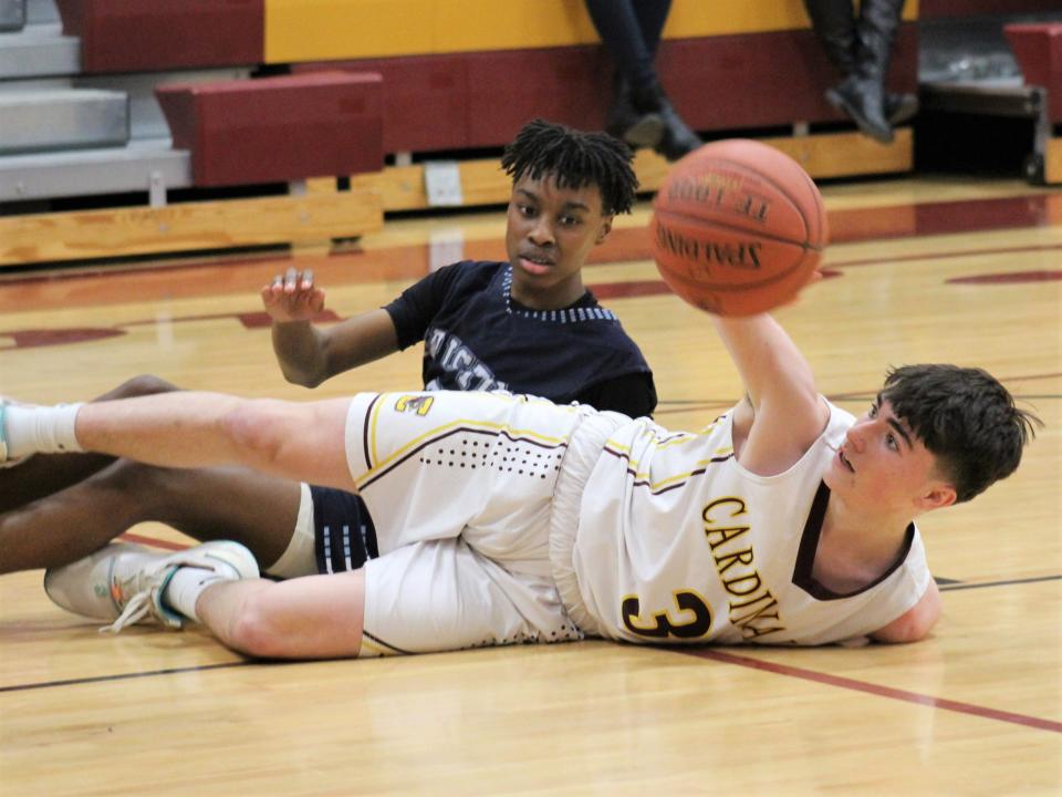 Case's Cayden Gonsalves and Bristol-Plymouth's Donte Morris clash for control of the ball during a non-league game.