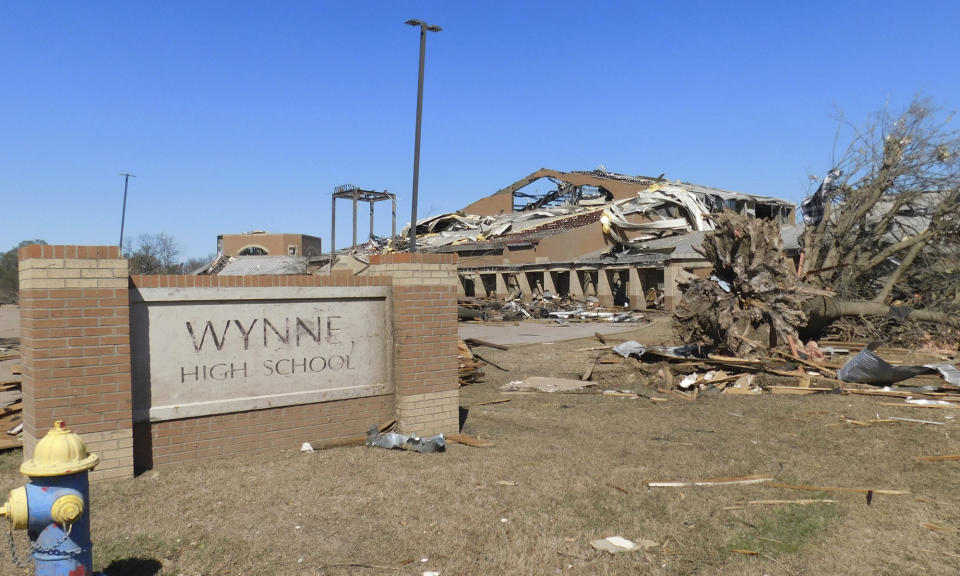 Damage is seen at Wynne High School early Saturday, April 1, 2023, in Wynne, Ark., following severe weather the previous night. (Nena Zimmer/The Jonesboro Sun via AP)
