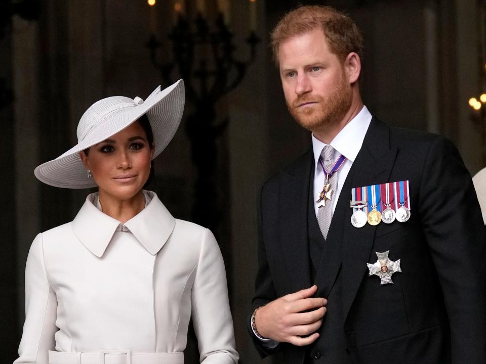 Duke and Duchess of Sussex leave after a service of thanksgiving for the reign of Queen Elizabeth II at St Paul's Cathedral in London.