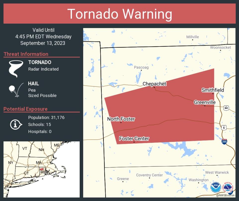 The National Weather Service issued a tornado warning Wednesday and has confirmed that tornadoes touched down in Lincoln, Foster and Glocester.