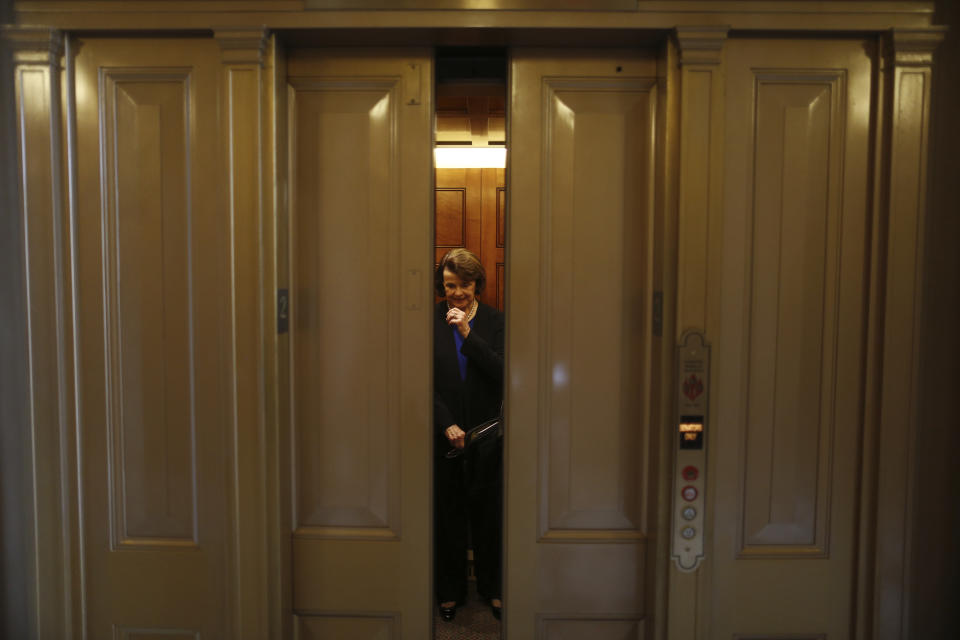 FILE - U.S. Sen. Dianne Feinstein, D-Calif., is seen in an elevator on Capitol Hill in Washington, Wednesday, April 17, 2013, after speaking on the Senate floor about gun legislation. A bipartisan effort to expand background checks was in deep trouble as the Senate approached a long-awaited vote on the linchpin of the drive to curb gun violence. (AP Photo/Charles Dharapak, File)