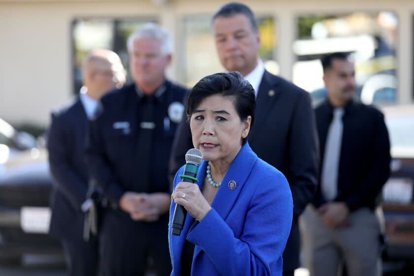MONTEREY PARK, CA - JANUARY 23: Judy Chu, U.S. representative for California's 28th congressional district addresses the media at a press conference at the Langley Senior Citizen Center on Monday, Jan. 23, 2023 in Monterey Park, CA. A shooter opened fire inside Star Dance Studio along the 100 block of West Garvey Avenue around 10:20 p.m. Saturday, killing 10 people and injuring 10 others. It was Lunar New Year's Eve. One of California's worst mass shootings in recent memory. (Gary Coronado / Los Angeles Times)