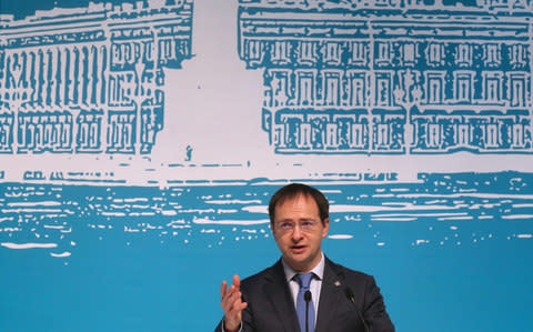 Culture minister Vladimir Medinsky speaks at an international cultural forum at the State Hermitage Museum on Thursday - Credit: Alexander Demianchuk/TASS via Getty Images