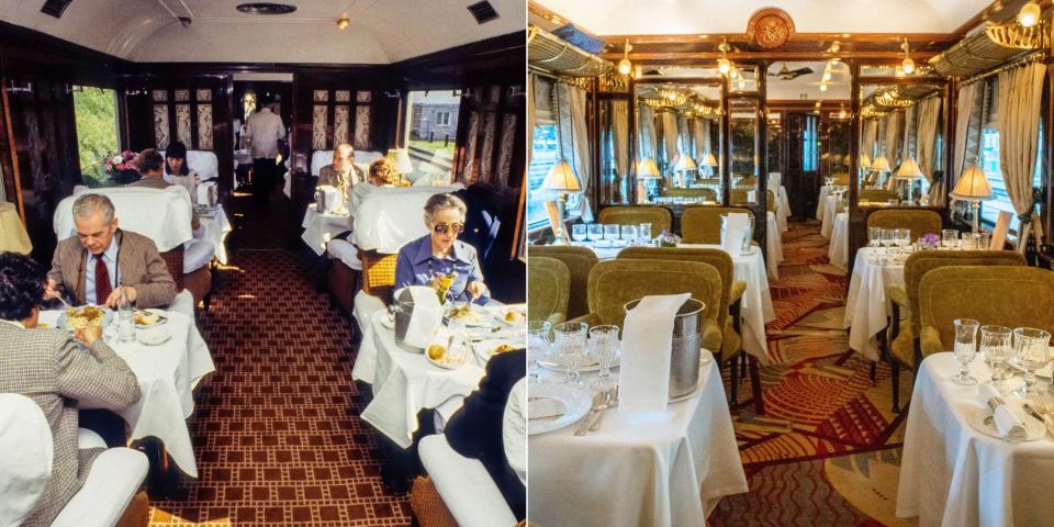 Two photos of luxury train restaurant cars