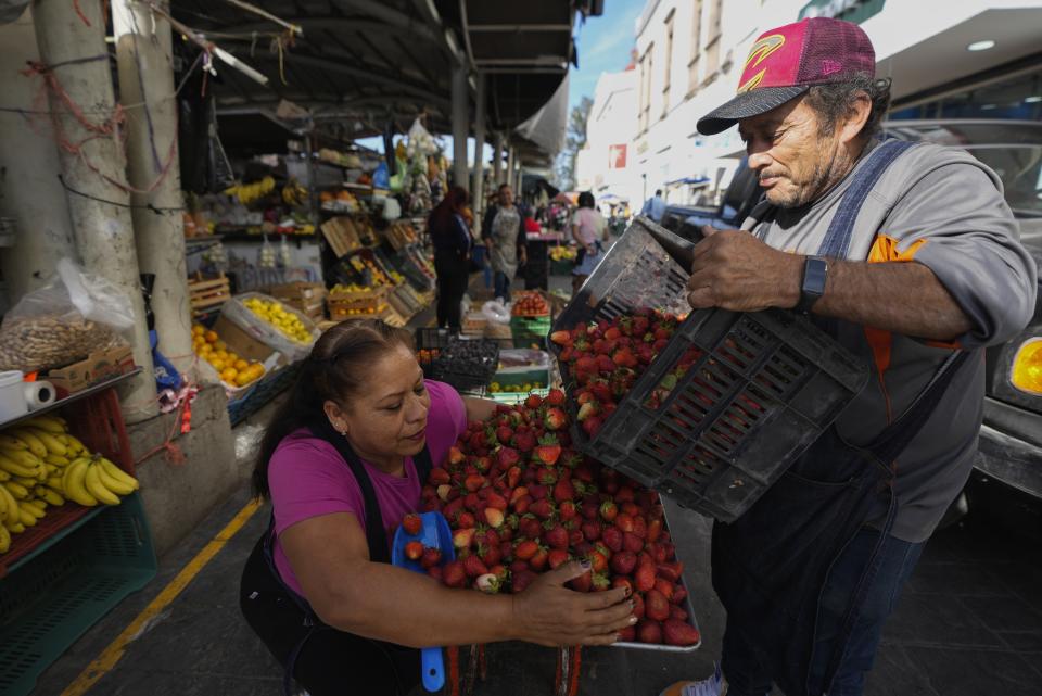 Vendedores de frutas colocan fresas en el mercado de Irapuato, México, el viernes 1 de marzo de 2024. La candidata presidencial Xóchitl Gálvez eligió a Irapuato para el acto inaugural de su campaña el viernes, de cara a las elecciones generales del 2 de junio. (AP Foto/Fernando Llano)