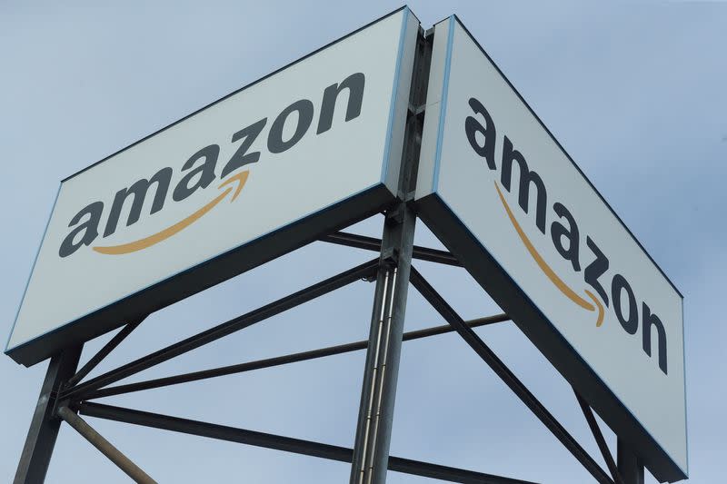 FILE PHOTO: An Amazon logo is pictured at a logistics centre in Mannheim