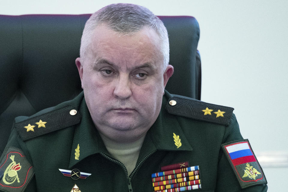 Lt. Gen. Mikhail Matveevsky, the chief of the military's missile and artillery forces, speaks during a briefing by the Russian Defense Ministry in Kubinka outside Moscow, Russia, Wednesday, Jan. 23, 2019. The Russian military on Wednesday rolled out its new missile and spelled out its specifications, seeking to dispel the U.S. claim that the weapon violates a key nuclear arms pact. (AP Photo/Pavel Golovkin)