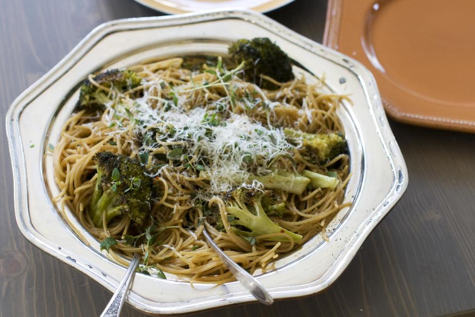 In this image taken on Dec. 3, 2012, cold weather broccoli pasta is shown in a serving dish, in Concord, N.H. (AP Photo/Matthew Mead)