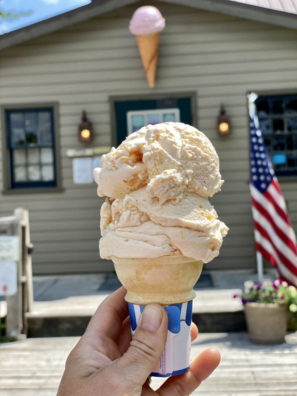 Homemade peach ice cream from Woodside Farm Creamery.