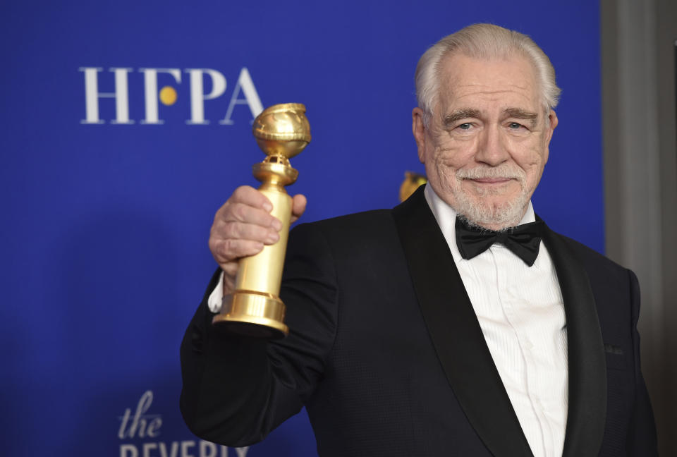 Brian Cox poses in the press room with the award for best performance by an actor in a television series, drama for "Succession" at the 77th annual Golden Globe Awards at the Beverly Hilton Hotel on Sunday, Jan. 5, 2020, in Beverly Hills, Calif. (AP Photo/Chris Pizzello)