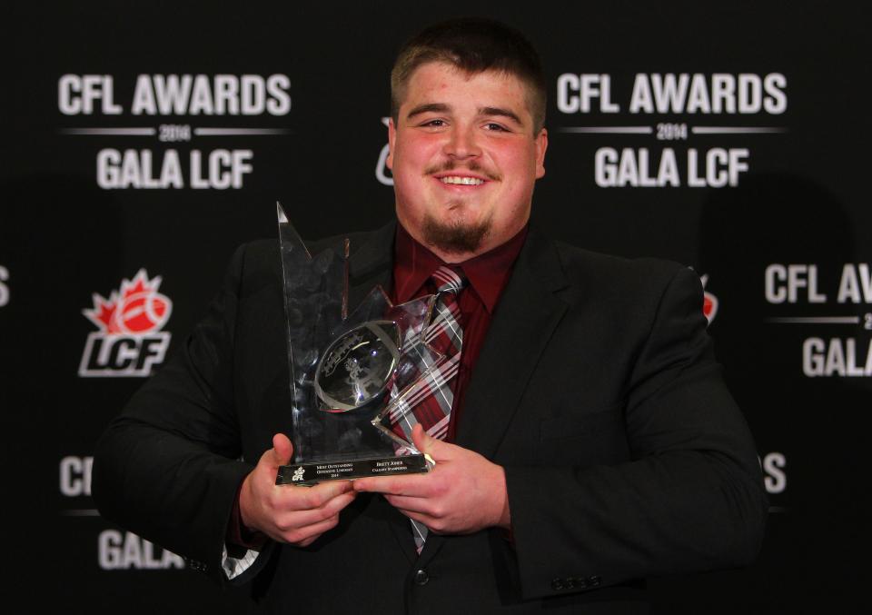 Calgary C Brett Jones was named the CFL's most outstanding lineman this year. Could he cash in as a free agent? (Ben Nelms/Reuters.)