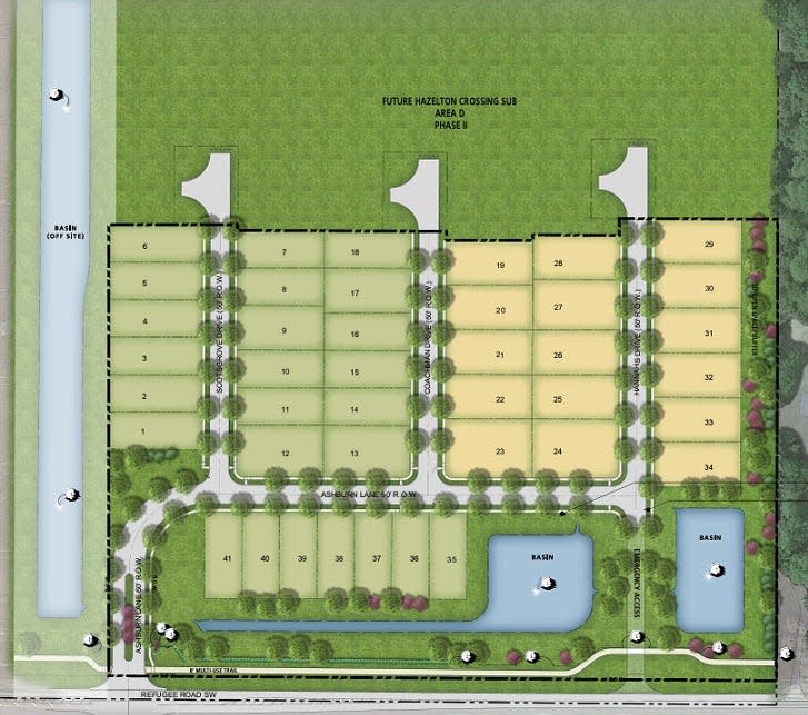 A plan shows the layout for the first phase of single-family homes as part of the Hazelton Crossing development on the northwest corner of Ohio 310 (Hazelton-Etna Road) and Refugee Road.
