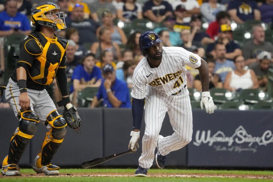 Milwaukee Brewers' Jackie Bradley Jr. hits an RBI single during the second inning of a baseball game against the Pittsburgh Pirates Friday, June 11, 2021, in Milwaukee. (AP Photo/Morry Gash)