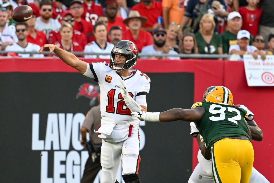 Tampa Bay Buccaneers' Tom Brady throws during the second half of an NFL football game against the Green Bay Packers Sunday, Sept. 25, 2022, in Tampa, Fla.