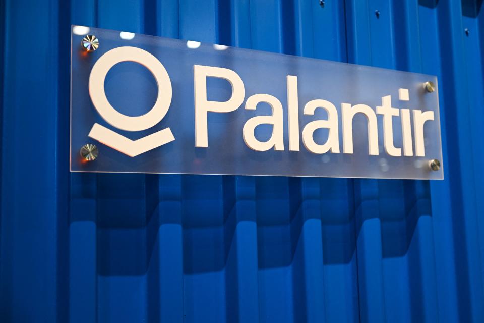 The Palantir Technologies logo is displayed on a shipping container at the companys booth during the Consumer Electronics Show (CES) in Las Vegas, Nevada on January 5, 2023. (Photo by Patrick T. Fallon / AFP) (Photo by PATRICK T. FALLON/AFP via Getty Images)