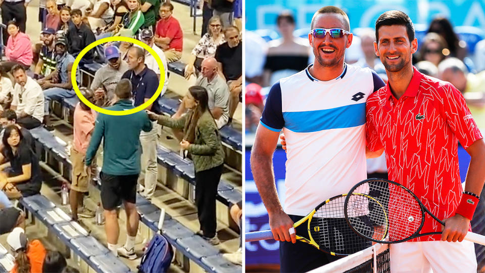 US Open fan gets angry at Viktor Troicki and Troicki embraces Novak Djokovic.